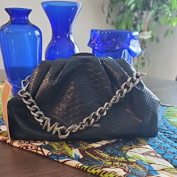 Michael Kors Navy Embossed Clutch with Silver Chain - Picture 1 of 8